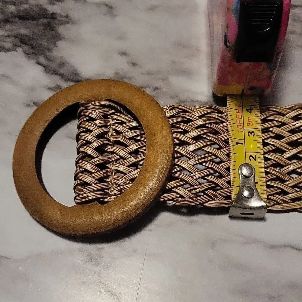 Classic Round Buckle Vegan Straw Belt Boho Brown Braided Wide Belt Fix Size S-L